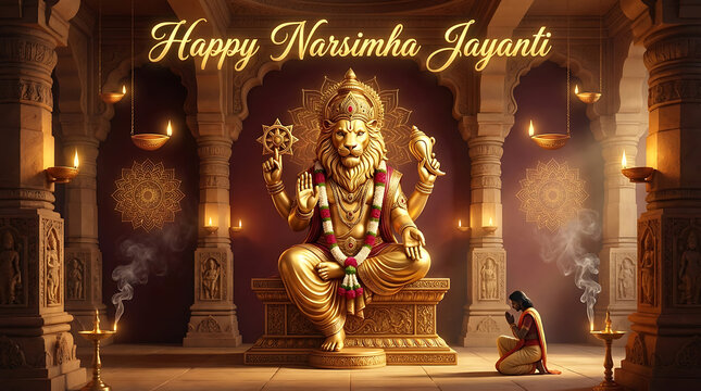 Divine seated bishnu avatar surrounded by glowing smoke and burning oil lamps being worshipped by loyal devotee honoring happy narsimha jayanti hindu festival puja celebration