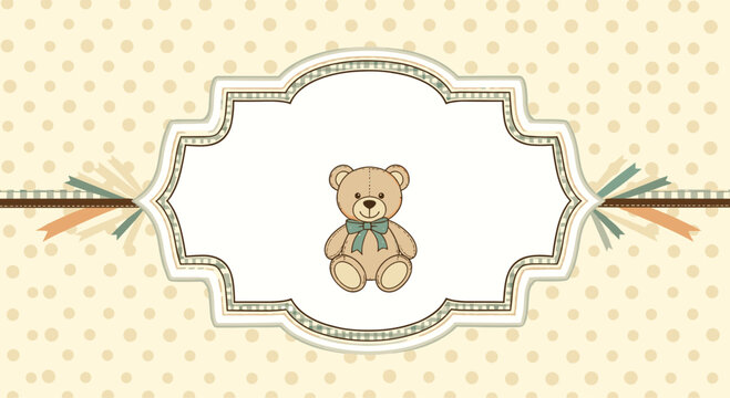 Adorable teddy bear with a blue bow is centered in a classic ornate frame against a soft cream polka dot patterned background.