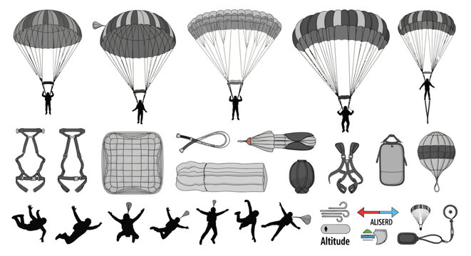 Parachutists perform complex aerial maneuvers in this diverse graphic.