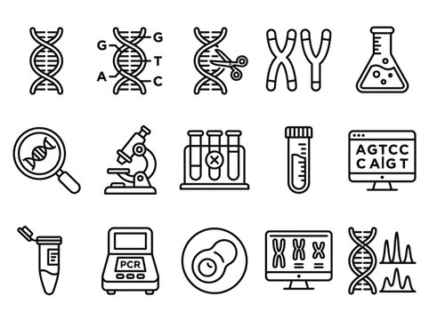DNA and Genetics Laboratory Icon Set - Biotechnology, CRISPR Gene Editing, and Scientific Research Symbols