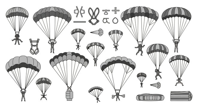 Parachutes and skydivers are featured in this detailed vector.