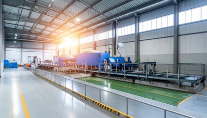 Fototapeta premium Industrial glass architecture reveals a green plant growing inside a modern steel factory warehouse near an urban railway transport station
