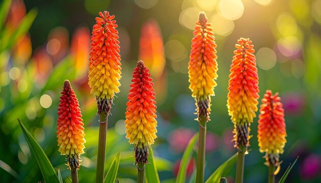 Vibrant red and yellow flowers bloom in a spring garden, showcasing a macro closeup of delicate petals and lush green leaves in nature's beauty