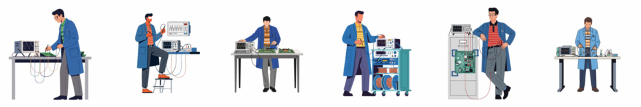 Set of electronic engineers and technicians in blue lab coats working with oscilloscopes and circuit boards in a laboratory environment vector illustration.