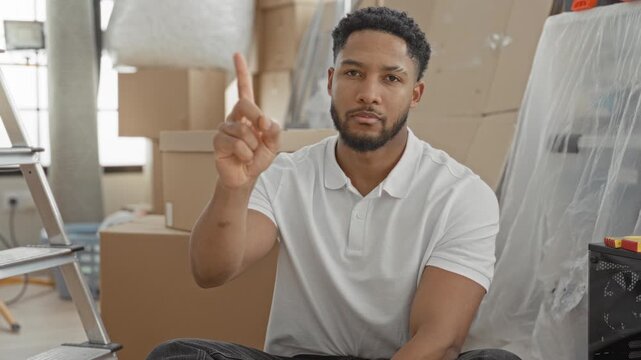 Man points index finger at stacked cardboard boxes while sitting amid moving supplies and ladder in a building; focused planning.