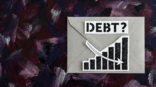 Debt, finance, economy, reduction, crisis, money, graph conceptual image of a grey envelope with decreasing bar chart and arrow on abstract background, symbolizing financial loss.