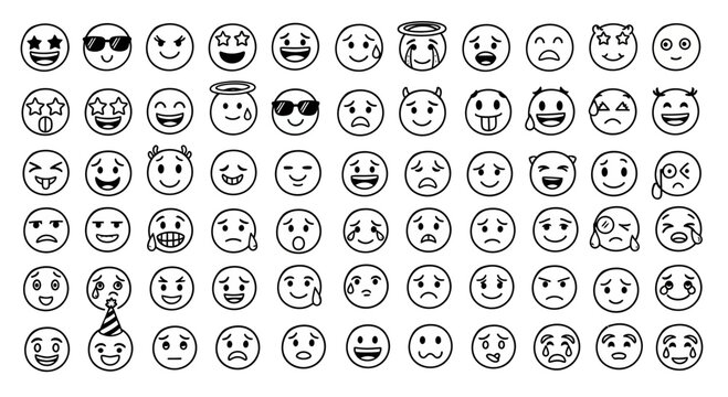 Collection of hand drawn doodle emoji faces with various expressions.