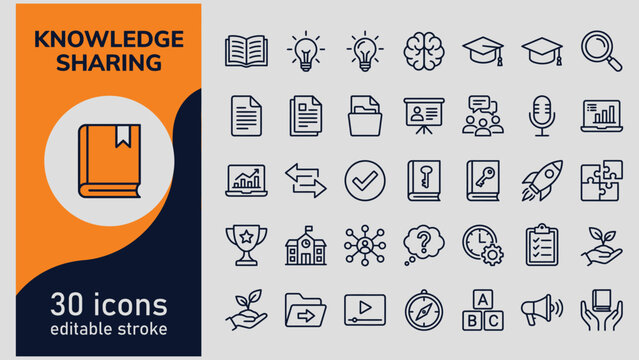Knowledge sharing editable stroke icons set including education learning and business growth symbols
