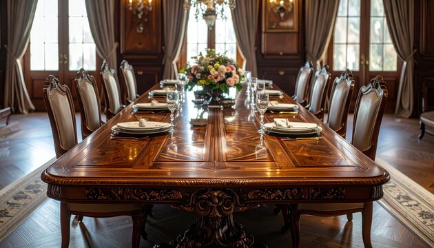 An empty wooden dining table and chairs set stands in a luxury interior room with a modern design style, featuring natural light from a window and elegant wall decor for a home or cafe