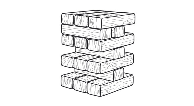 Hand Drawn Tower of Wooden Blocks, Jenga Game Illustration, Strategy Game Concept