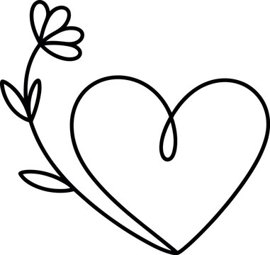 Minimalist heart with small flower and leaf line drawing
