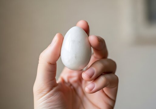 Hand Holding a White Polished Stone Egg for Wellness and Meditation