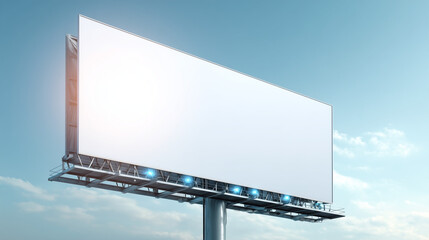 Fototapeta premium Blank Billboard Overlooked by Urban Skyline on Clear Day — Empty Outdoor Advertising Space