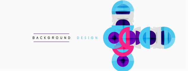 Naklejka premium Abstract geometric shapes overlap, creating vibrant color gradients. Design features circles, lines, purple hues, modern aesthetic.