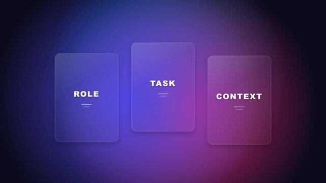 Three translucent frosted glass panels displaying the words Role, Task, and Context against a blurred dark background with purple and blue gradients