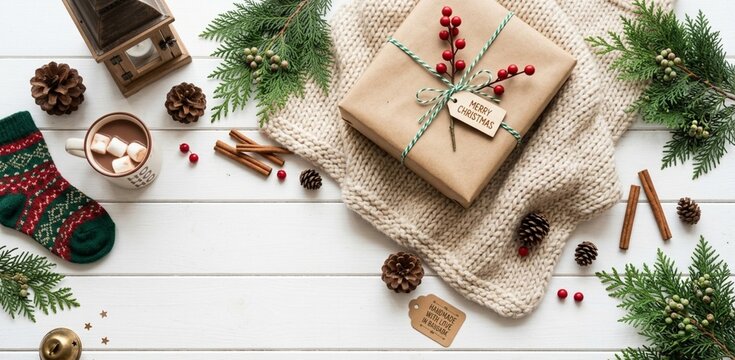 Christmas flat lay background with brown gift box, hot cocoa, pine branches, and pinecones on white wooden table. Cozy festive winter holiday decor.