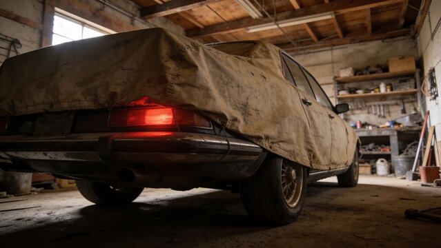 Car in a garage with red taillight