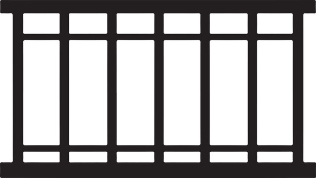 Black and white of a prison cell gate with vertical metal bars and horizontal framing, isolated on a white background