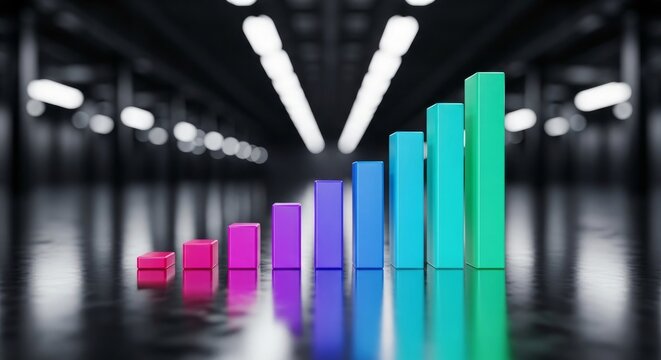 Colorful bar graph rising upward in dark industrial background with bright lights