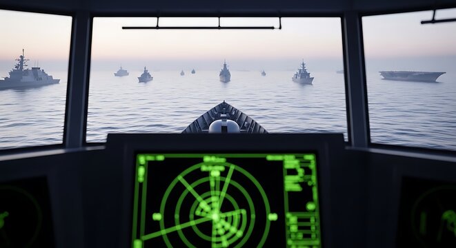 Navigation radar screen on ship bridge.