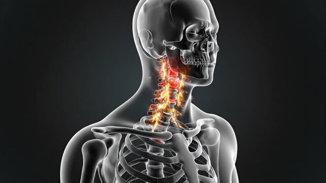Anatomical profile of human head and neck showing inflamed cervical vertebrae and glowing nerves for medical concept