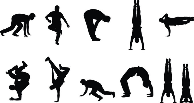 Breakdance and street dance silhouette set with dynamic hip hop poses acrobatic moves and urban dancer vector collection
