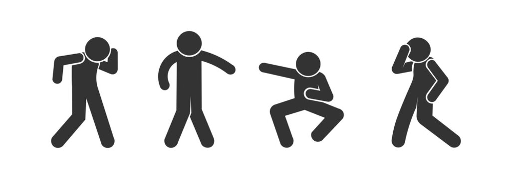Stick man icon set, dance movement illustration, man dancing hip hop, isolated stick figure silhouette