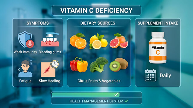 Detailed health infographic depicting vitamin C deficiency symptoms like impaired immunity, bleeding gums, fatigue, and slow healing with natural dietary citrus fruit sources and supplements.