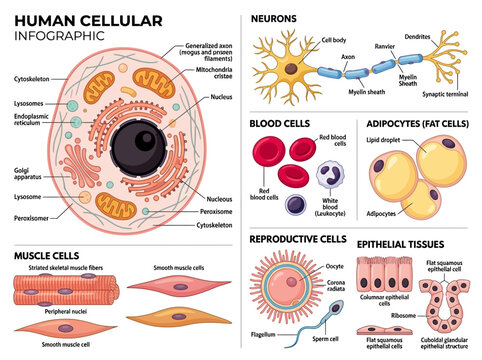Human Cell Anatomy Infographic - Detailed Diagram of Neuron, Blood Cells, Muscle Cells, Adipocytes, and Reproductive Cells for Science Education