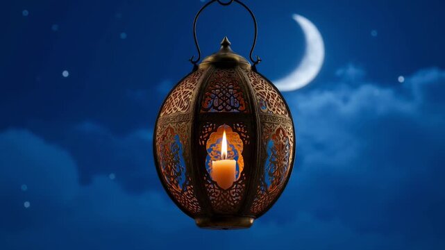 Decorative golden Arabic lantern with intricate metalwork and glowing candle suspended against deep blue starry night sky with crescent moon.