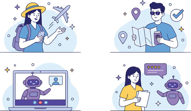 Travel and online service illustration set with tourist planning, navigation map, chatbot support, customer feedback, modern flat vector design concept