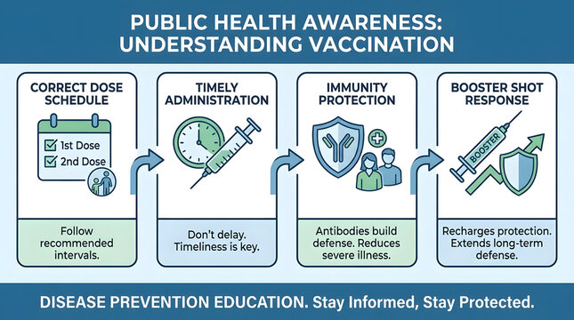 Detailed medical vaccination infographic outlining precise dose schedule timely administration immunity protection booster shot response for public health awareness and disease prevention education.