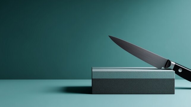 Knife on Sharpener: A close-up shot of a sleek, stainless steel knife poised on a sharpening stone, highlighting precision and culinary craftsmanship.