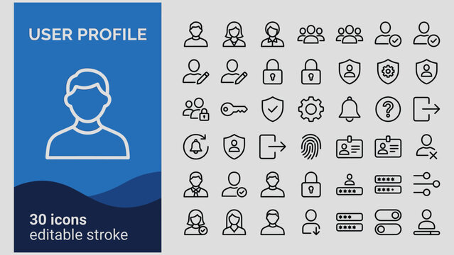 User profile icons set with editable stroke for security and identity concepts
