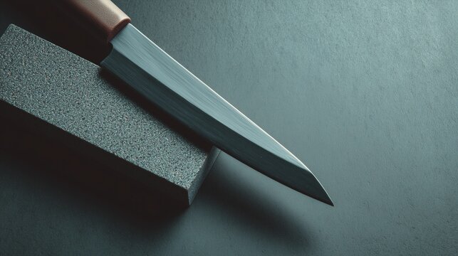 Sleek Knife and Honing Stone: A close-up shot showcasing a razor-sharp knife resting elegantly on a textured stone, ready for use, symbolizing precision and culinary expertise.