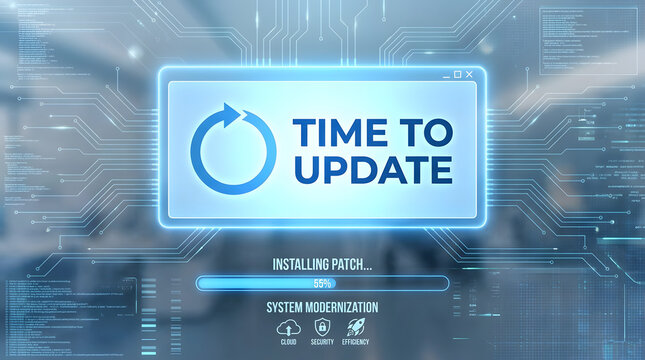 Conceptual Illustration of a Digital Software Update Reminder Notification for System Modernization and Application Patch Deployment Management in Modern Technology Interface Environments