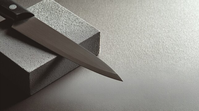 Sharp Edge: A close-up shot features a sleek, sharp knife resting atop a textured sharpening stone. The composition highlights the essential tools of precision and craftsmanship.