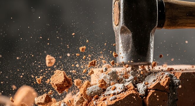 Heavy Hammer Impact Breaking Brick with Exploding Debris and Dust