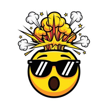 Surprised Emoji Head Exploding with Sunglasses and Smoke Clouds, Comic Style