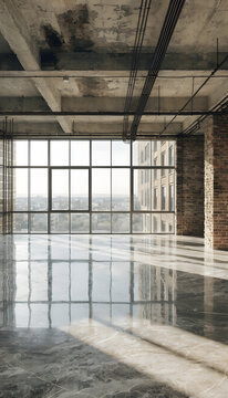The interior of a modern abandoned building features an empty long concrete corridor with light and shadow perspective on the floor and wall architecture design