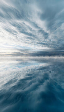 An aerial view of fluffy white clouds flying high above the blue sea and horizon under a bright sunny sky reveals a beautiful day flight through the light heaven of the atmosphere