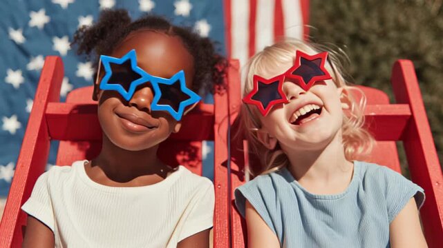 Children enjoying summer fun wearing patriotic star-shaped sunglasses outdoors