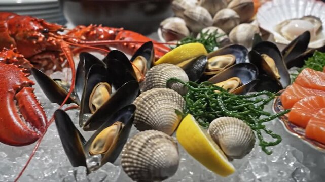 Fresh seafood platter with lobster shrimp mussels and clams served on ice