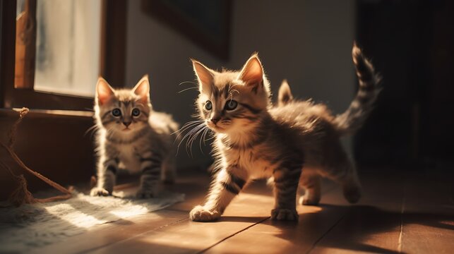 Two adorable tabby kittens walking on wooden floor in golden sunlight