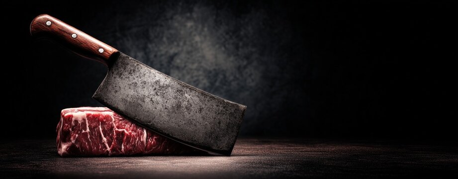 Butcher's Delight: A close-up shot of a cleaver resting on a fresh cut of raw meat, the scene exudes an earthy, rustic ambiance.
