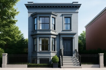 Naklejka premium Elegant two-story townhouse with classic architectural style, bay windows, and iron fencing, surrounded by greenery in natural daylight urban background. Ai generative