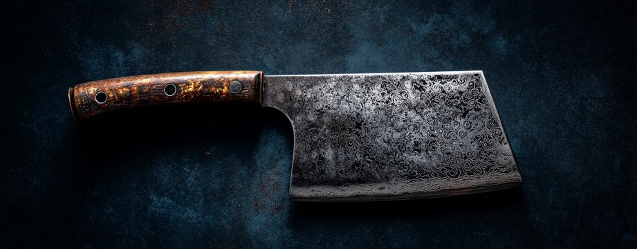 Rusty Cleaver on Textured Surface: A close-up shot of a rusty cleaver, displaying a well-used, textured surface, rests on a subtly textured dark backdrop, evoking a sense of history and utility.