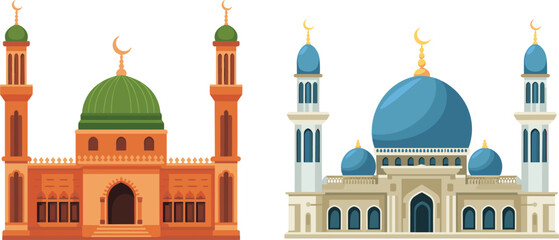 Mosque buildings illustration set, islamic architecture with domes and minarets religious vector design collection © Masum