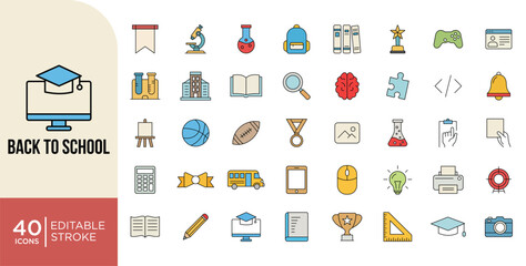 Fototapeta premium Back to School Icons Set. Education, Learning and Student, Learning and Study, Knowledge Editable Stroke Vector Outline Symbols