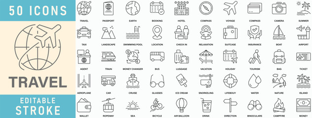 Travel line icon collection. Editable stroke. Vector illustration. © Hexxa Studio